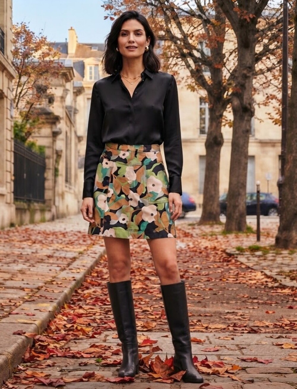 CAbi Green Black Floral-camouflage Print A-Line Mini Skirt Size S